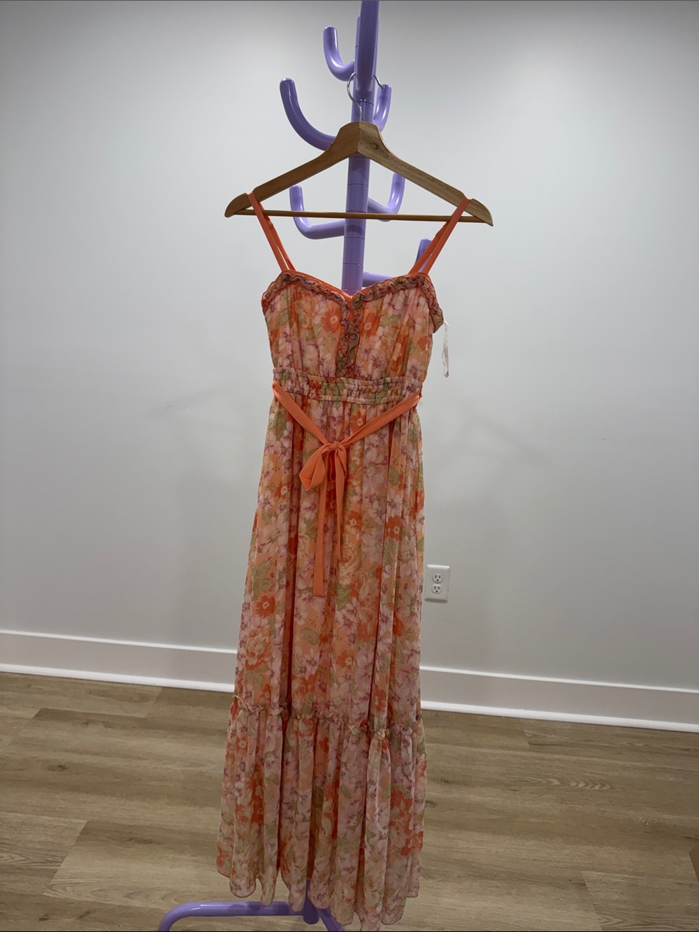 Floral Orange Pink Maxi Dress with Tie Waist